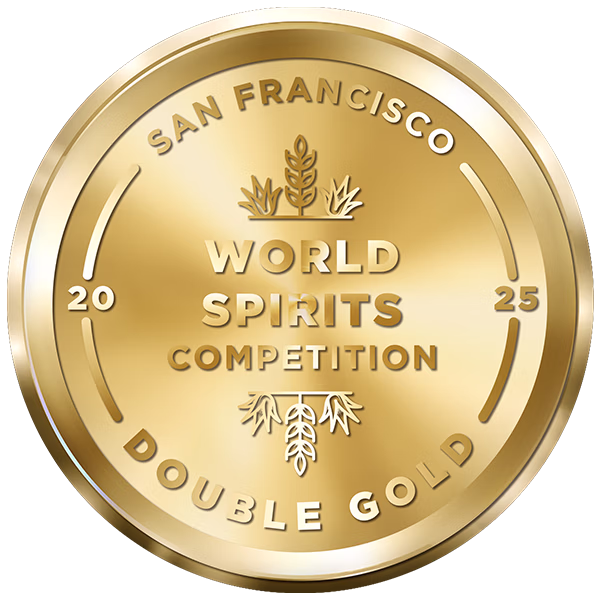 Circular gold medal with San Francisco World Spirits Competition text, wheat and grapevine symbols, Double Gold award.