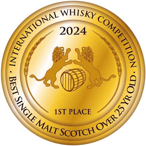 Golden medal award for Best Single Malt Scotch Over 25 Year Old from 2024 International Whisky Competition.