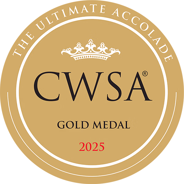 Circular gold medal emblem with white borders, crown, CWSA Gold Medal text, and 2025 year.