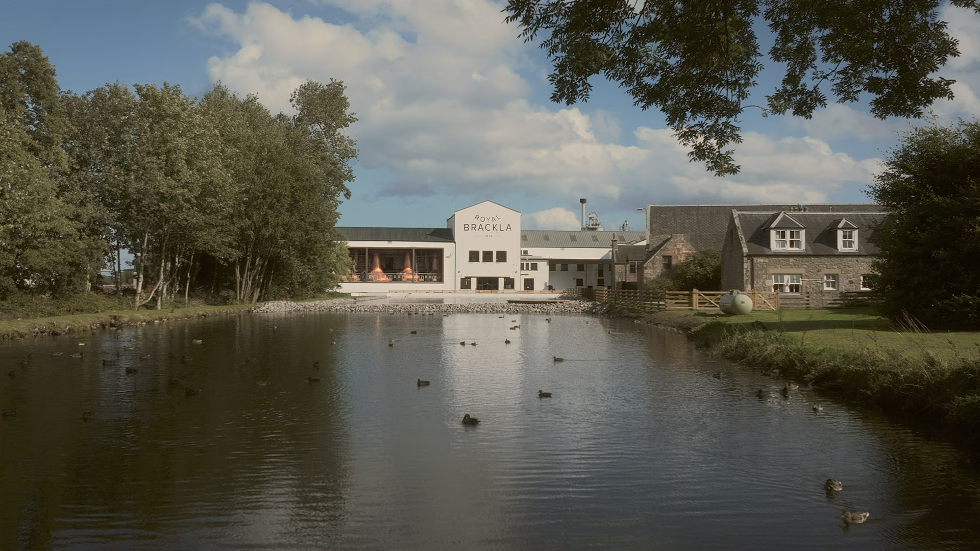 Main Royal Brackla distillery with white buildings, copper stills, and ducks by the water.