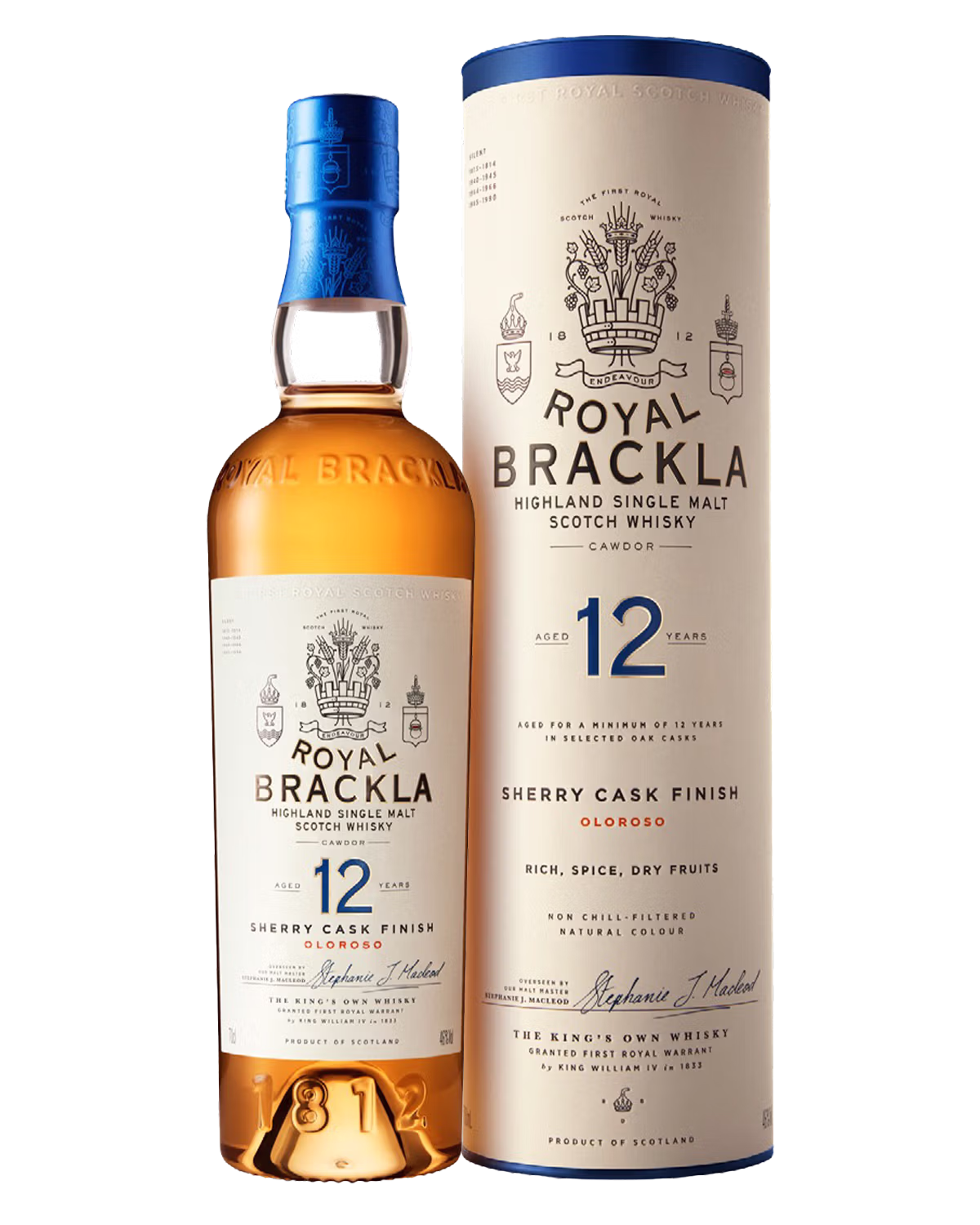 Bottle of Royal Brackla 12 Years Old Highland Single Malt Scotch Whisky with cylindrical packaging.