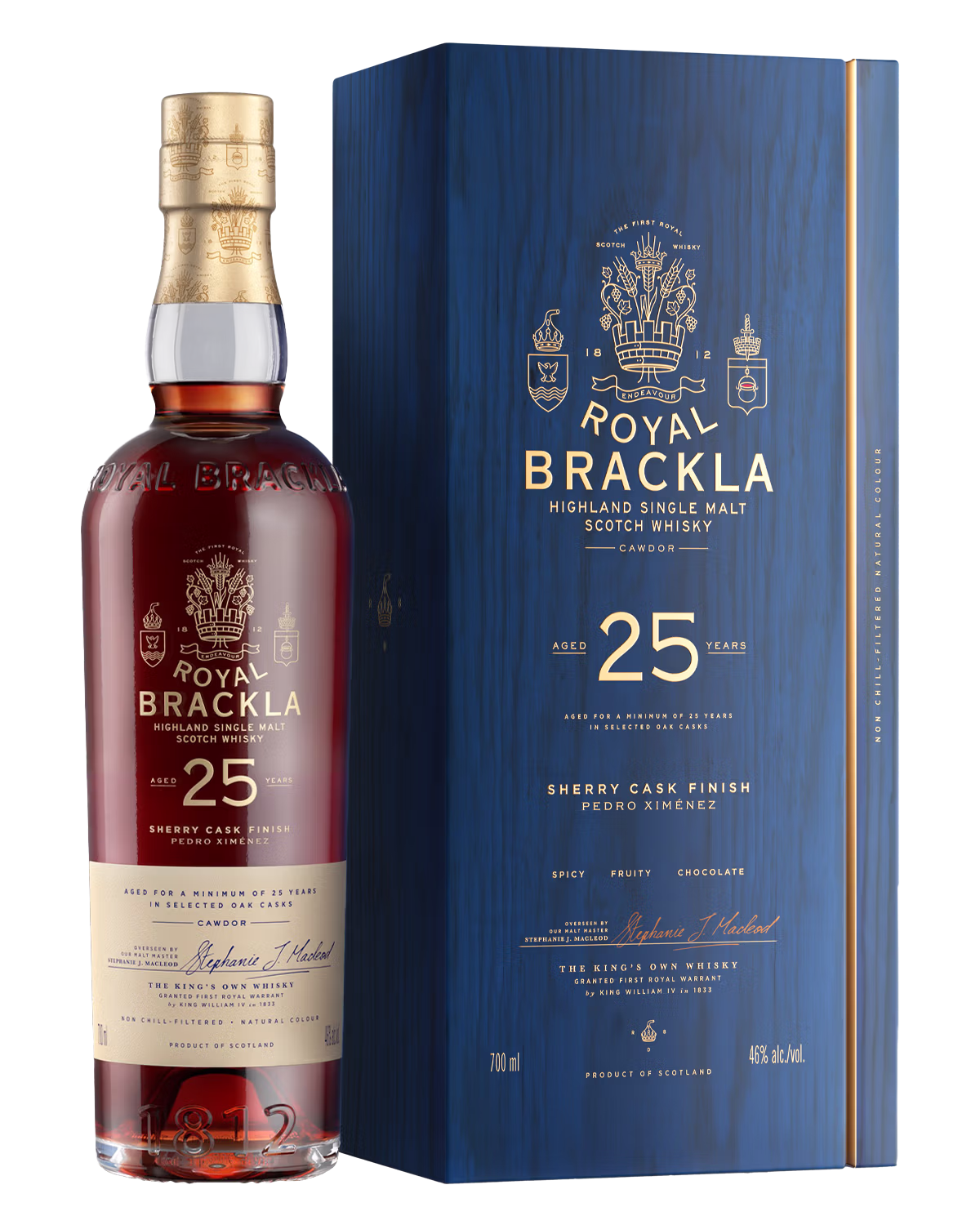 Bottle of Royal Brackla 25 Years Old Highland Single Malt Scotch Whisky with matching dark blue presentation box.