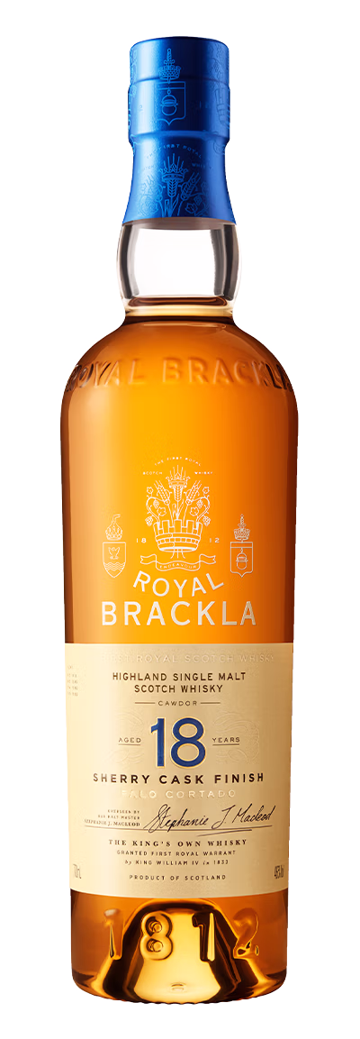 Royal Brackla 18 Years Old Sherry Cask Finish whisky bottle with blue foil cap, cream label, gold crests, and gold liquid.